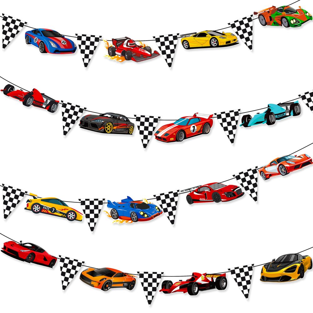 4pcs Race Car Party Banners Racing Car Party Decorations Black and White Pennant Racing Banner Race Cars Birthday Banners for Racer Birthday Sport boy Room Decor