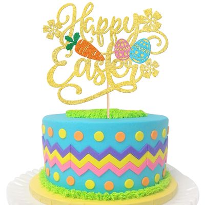 1 Pack Happy Easter Cake Topper Glitter Carrot Colorful Eggs Easter Cake Pick for Bunny Theme Party Baby Shower Kids Birthday Cake Decoration Party Supplies Gold