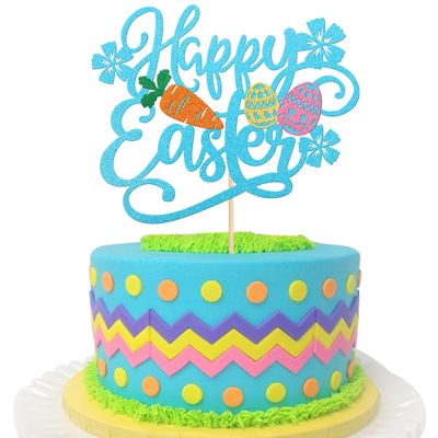 1 Pack Happy Easter Cake Topper Glitter Carrot Colorful Eggs Easter Cake Pick for Bunny Theme Party Baby Shower Kids Birthday Cake Decoration Party Supplies Blue