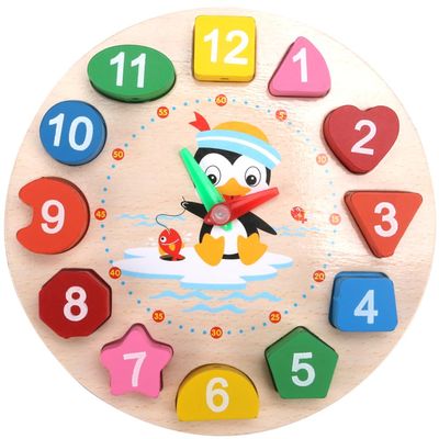 Toyvian Clock Toy Wooden Teaching Clock Props Penguin Pattern Toys Teaching Time Number Puzzle Stacking for Kids Baby Toddlers