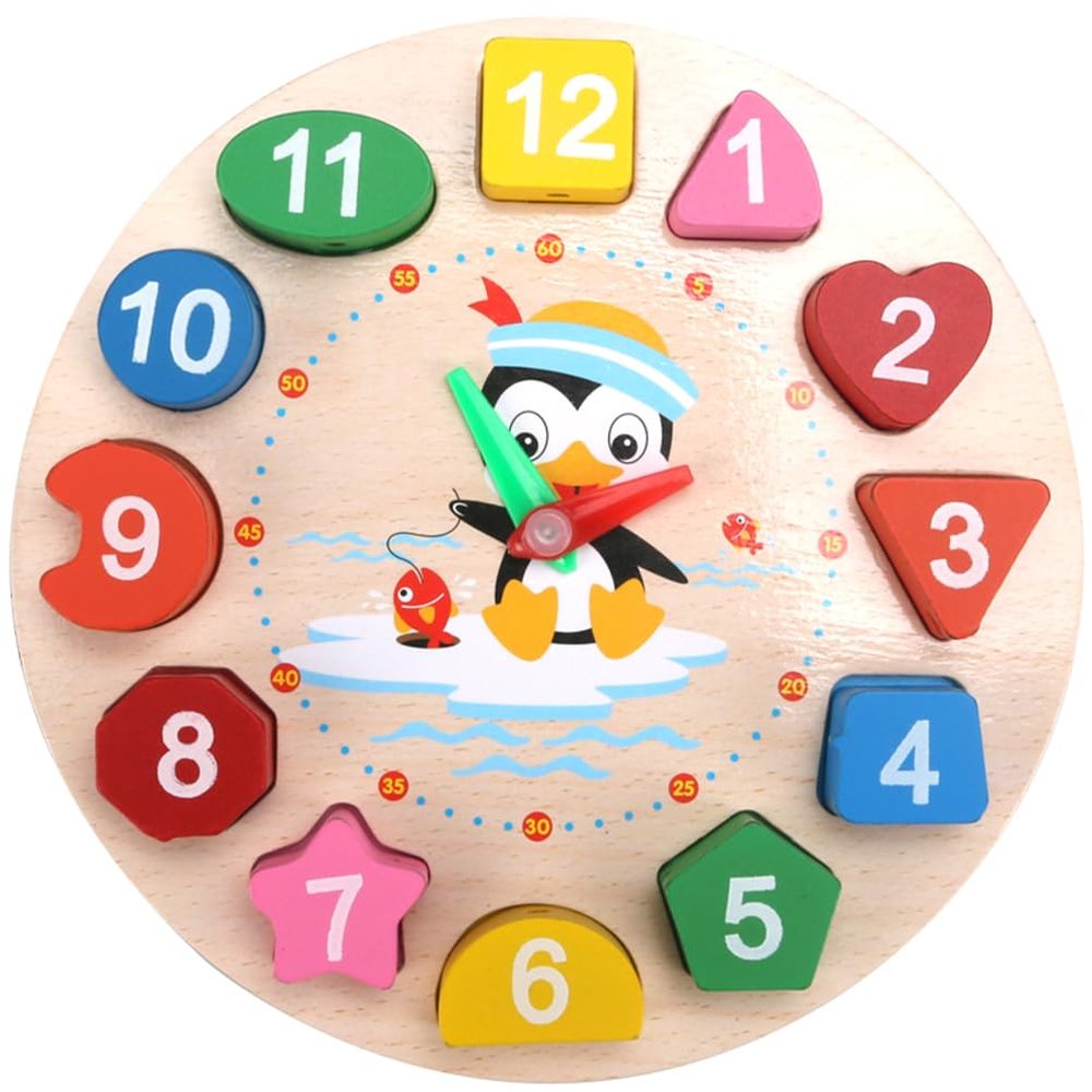 Toyvian Clock Toy Wooden Teaching Clock Props Penguin Pattern Toys Teaching Time Number Puzzle Stacking for Kids Baby Toddlers