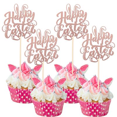 24 Pack Happy Easter Cupcake Toppers with Gold Glitter Rabbit Ear Cupcake Food Picks Bunny Paw Cake Decorations for Happy Easter Themed Baby Shower Kids Birthday Party Supplies Rose Gold