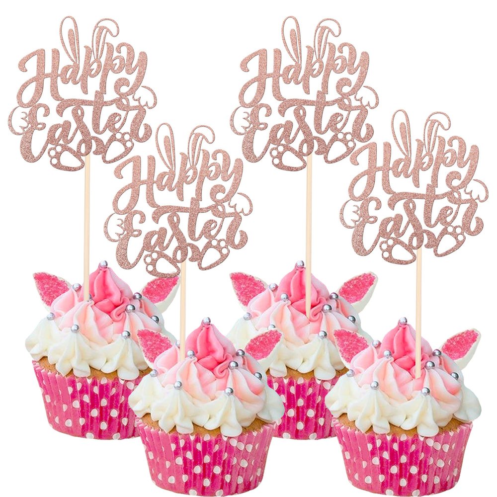 24 Pack Happy Easter Cupcake Toppers with Gold Glitter Rabbit Ear Cupcake Food Picks Bunny Paw Cake Decorations for Happy Easter Themed Baby Shower Kids Birthday Party Supplies Rose Gold