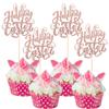 24 Pack Happy Easter Cupcake Toppers with Gold Glitter Rabbit Ear Cupcake Food Picks Bunny Paw Cake Decorations for Happy Easter Themed Baby Shower Kids Birthday Party Supplies Rose Gold view 1