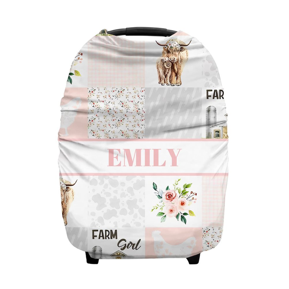 Personalized Baby Car Seat Cover for Babies with Name, Custom Plaid Baby Car Seats Canopy for Girls, Nursing Breastfeeding Stroller Covers Infant Car Seat Canopies for Newborn (Farm Theme Pink)