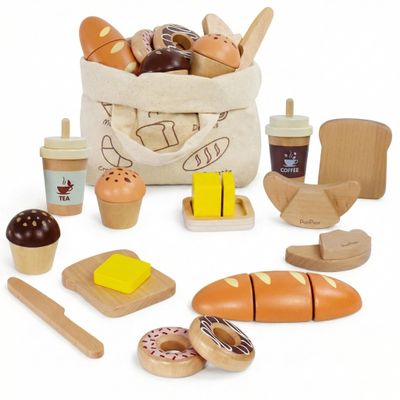 PairPear Wooden Bakery Play Food Set, Pretend Play Kitchen Accessories with Shopping Bag, Kids Cutting Food Gift for Boys and Girls Ages 3+