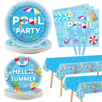 Tevxj 98 Pieces Pool Party Decorations Summer Beach Birthday Party Tablecloths Pool Surfboard Party Tableware Sets for Hawaiian Birthday Baby Shower Party Supplies Favors
