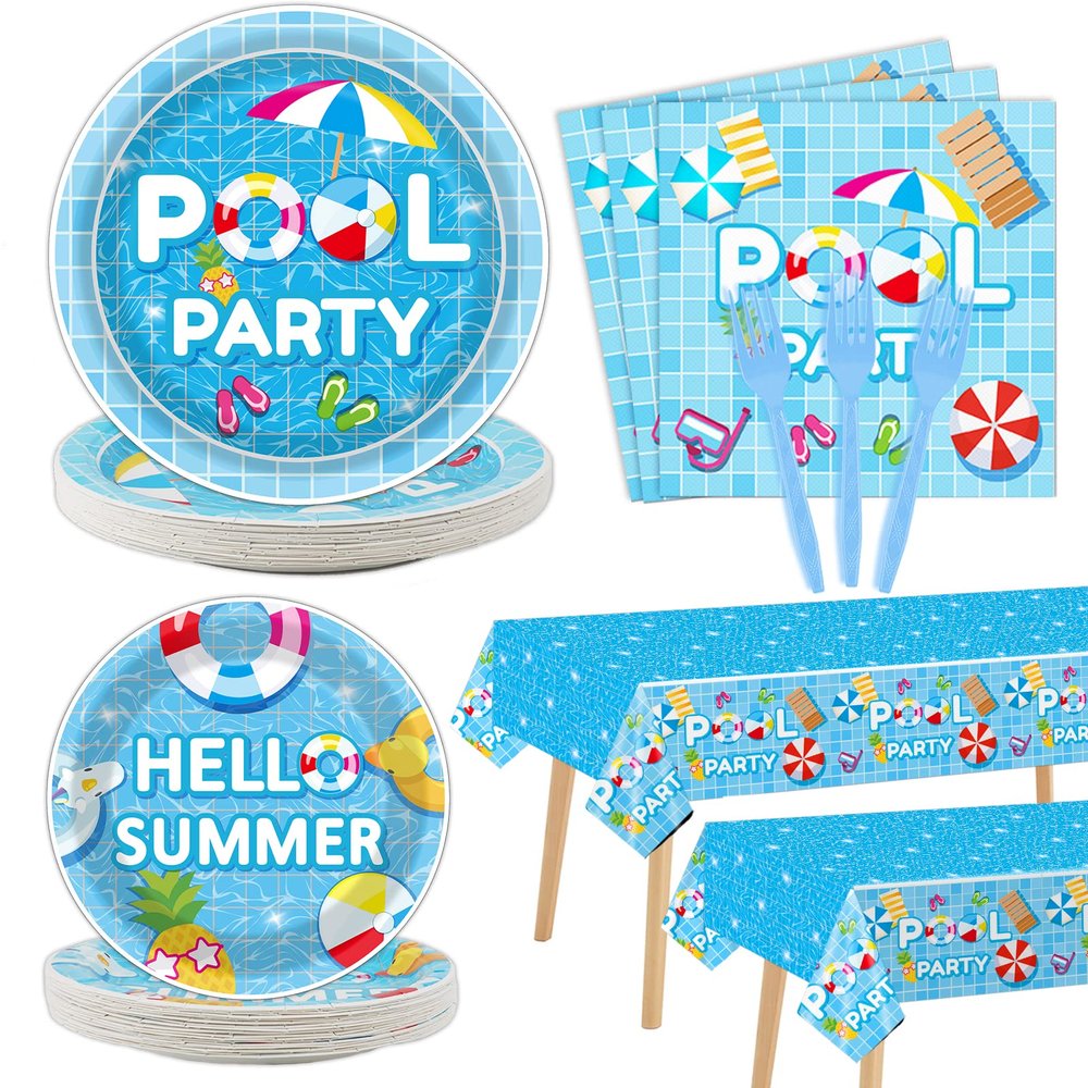 Tevxj 98 Pieces Pool Party Decorations Summer Beach Birthday Party Tablecloths Pool Surfboard Party Tableware Sets for Hawaiian Birthday Baby Shower Party Supplies Favors