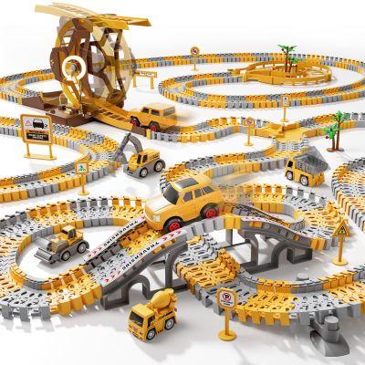 iHaHa 299 PCS Construction Race Tracks Boys Toys, 6 PCS Engineering Cars and Flexible Race Track Playset Create A Engineering Road Gifts Toys for 3 4 5 6 Year Old Boys Kids