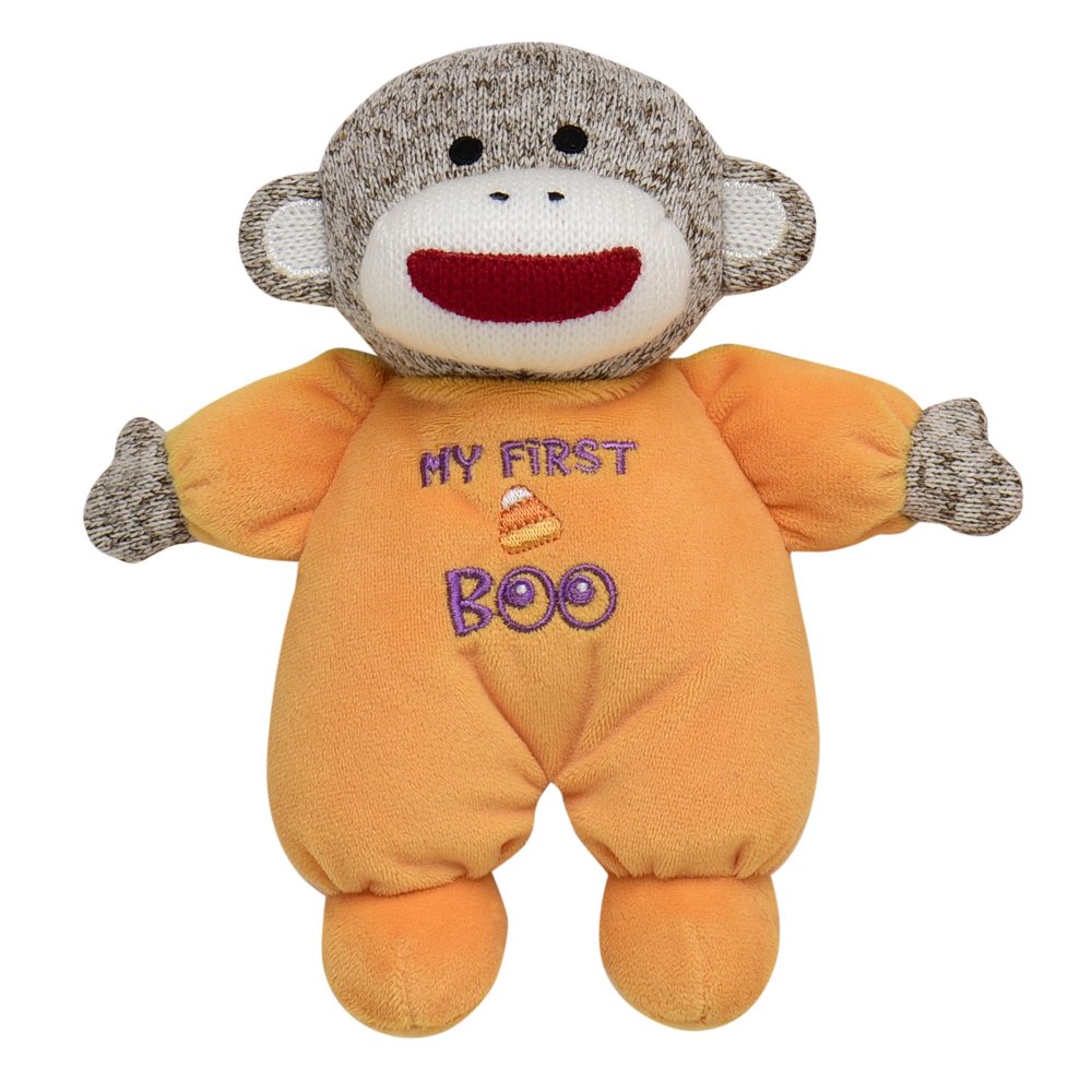 Baby Starters Sock Monkey Halloween 9 inch Plush Rattle with Embroidery (My First Boo, Orange)