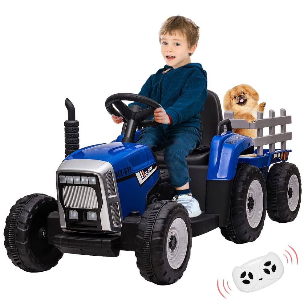 12V Ride on Tractor with Trailer and Remote Control,Toddler Kids Electric Vehicle Car with LED Headlights,2+1 Gear Shift,MP3 Player,USB,Speed Up to 5mph (35W,EVA Tire,Blue)