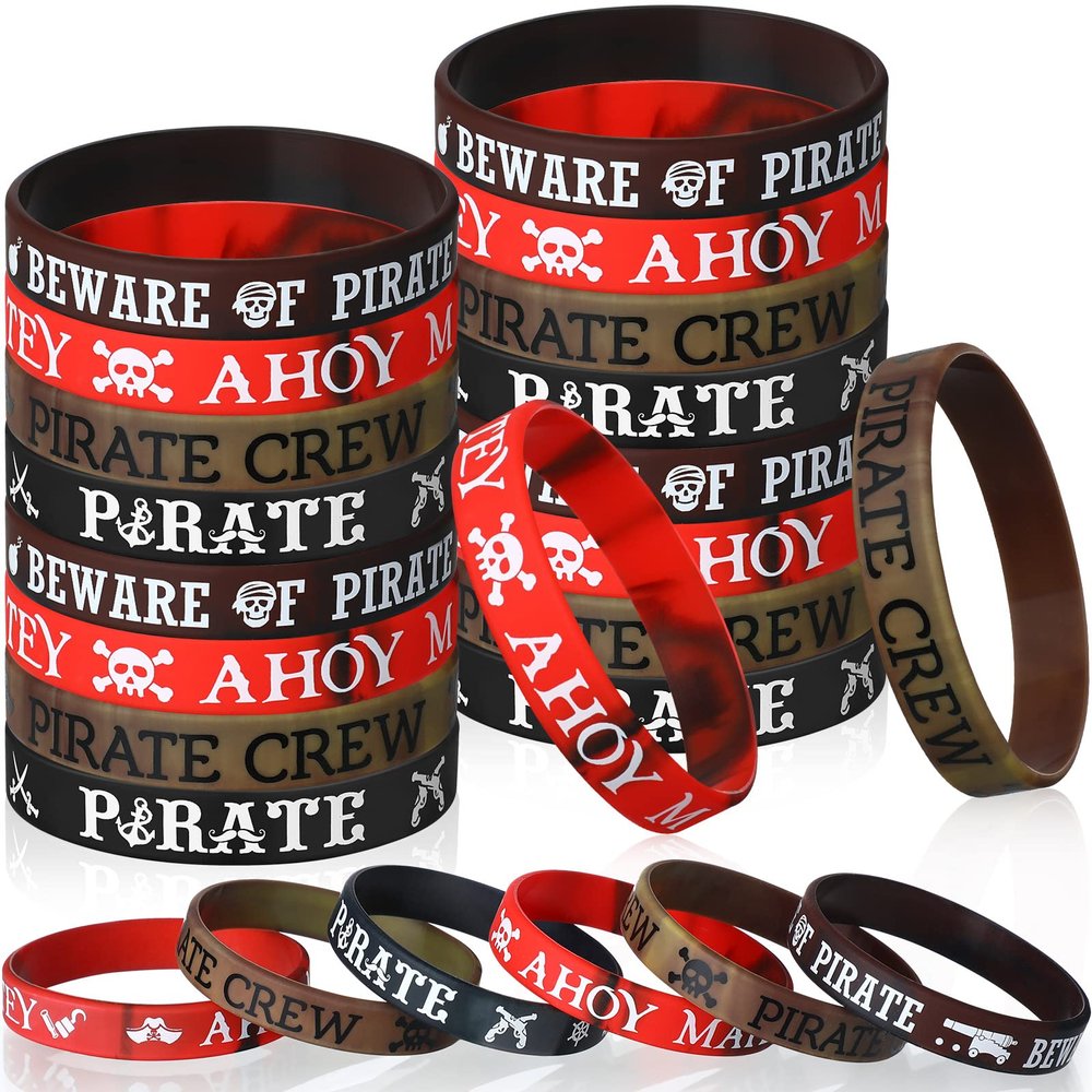 Capoda 24 Pcs Pirate Silicone Bracelets Ahoy Matey Caribbean Rubber Wristbands Skull Pirate Ship Party Favors for Girls Boys Birthday Decorations Halloween Party Supplies