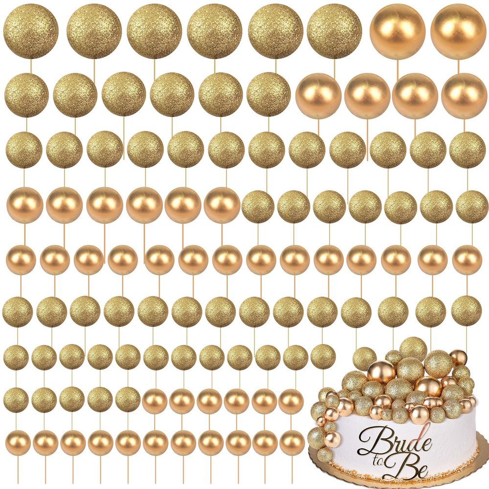 108 Pcs Balls Cake Topper DIY Cupcake Insert Foam Balloons for Cake Baking Wedding Anniversary Birthday Decoration(Glitter Gold, Gold,Multi Sizes)