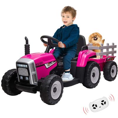 12V Ride on Tractor with Trailer and Remote Control,Toddler Kids Electric Vehicle Car with LED Headlights,2+1 Gear Shift,MP3 Player,USB,Speed Up to 5mph (35W,EVA Tire,Rose)