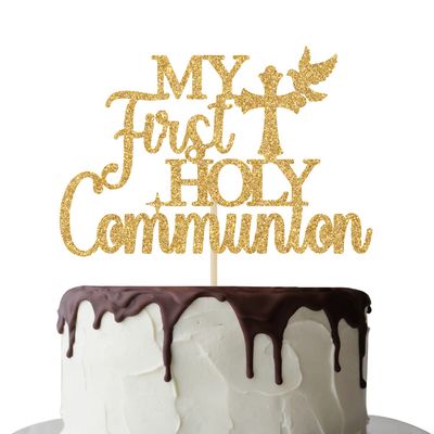 My First Holy Communion Cake Topper, God Bless This Child Cake Decoration for Kids, Wedding Baptism Christening Party Decorations Gold Glitter