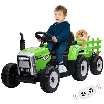 12V Ride on Tractor with Trailer and Remote Control,Toddler Kids Electric Vehicle Car with LED Headlights,2+1 Gear Shift,MP3 Player,USB,Speed Up to 5mph (35W,EVA Tire,Green)