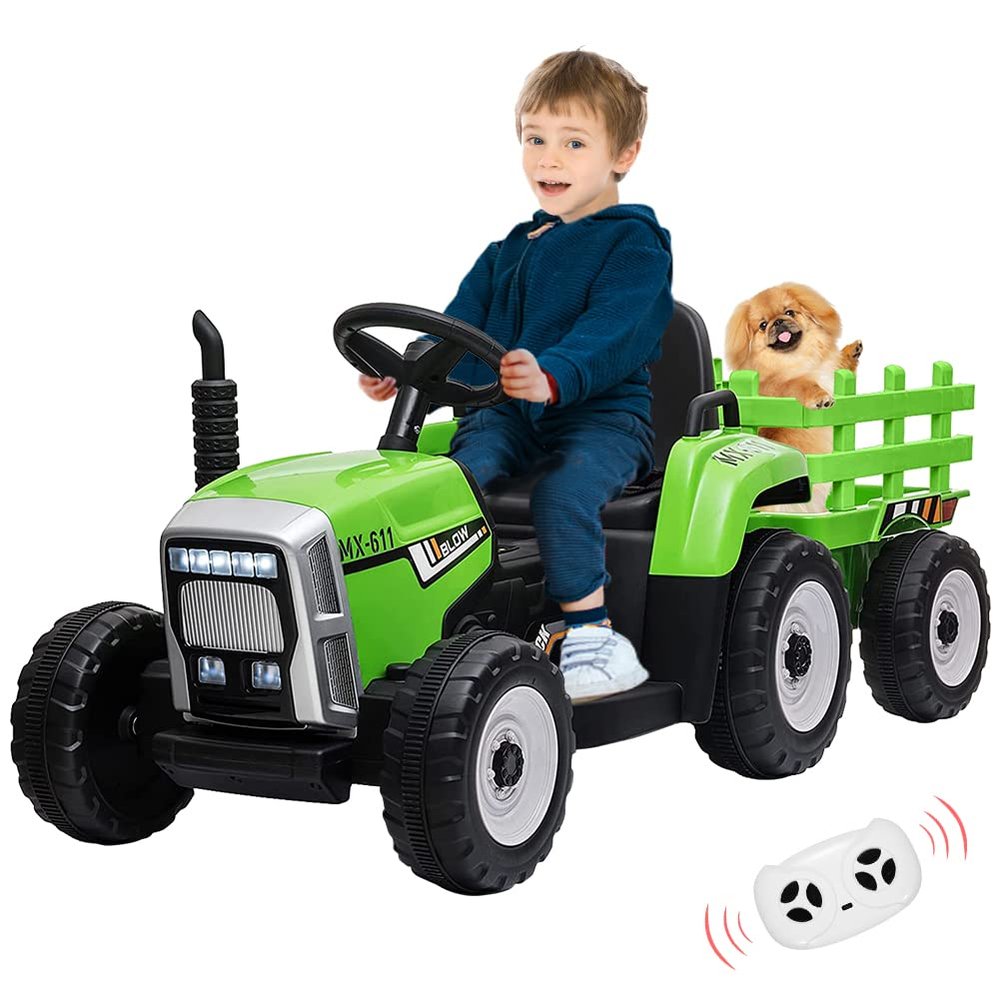 12V Ride on Tractor with Trailer and Remote Control,Toddler Kids Electric Vehicle Car with LED Headlights,2+1 Gear Shift,MP3 Player,USB,Speed Up to 5mph (35W,EVA Tire,Green)