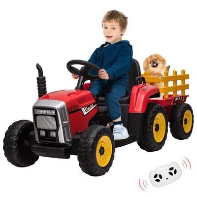 12V Ride on Tractor with Trailer and Remote Control,Toddler Kids Electric Vehicle Car with LED Headlights,2+1 Gear Shift,MP3 Player,USB,Speed Up to 5mph (35W,EVA Tire,Red)