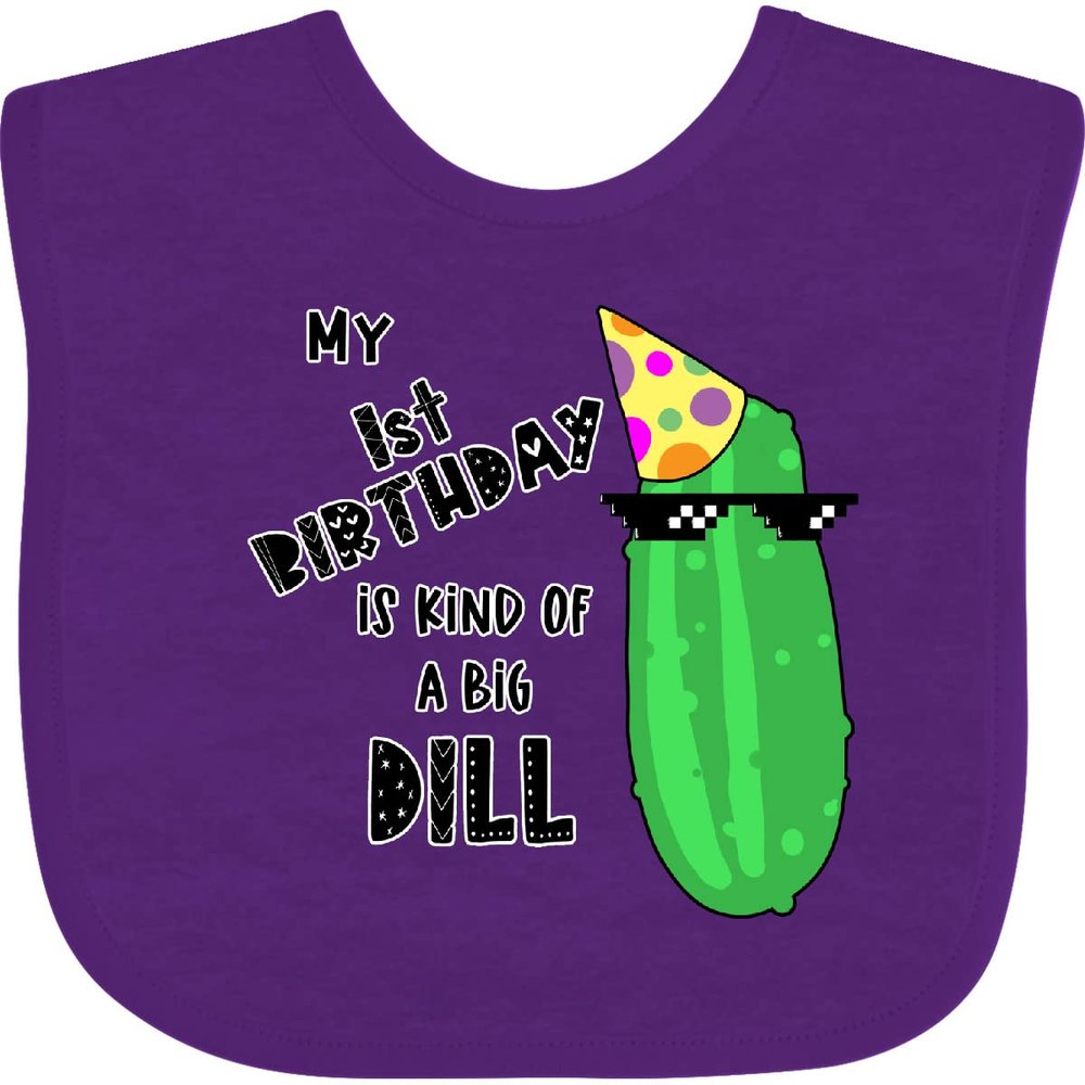 inktastic My 1st Birthday Is Kind Of a Big Dill Pickle in Sunglasses Baby Bib Purple 3abc9