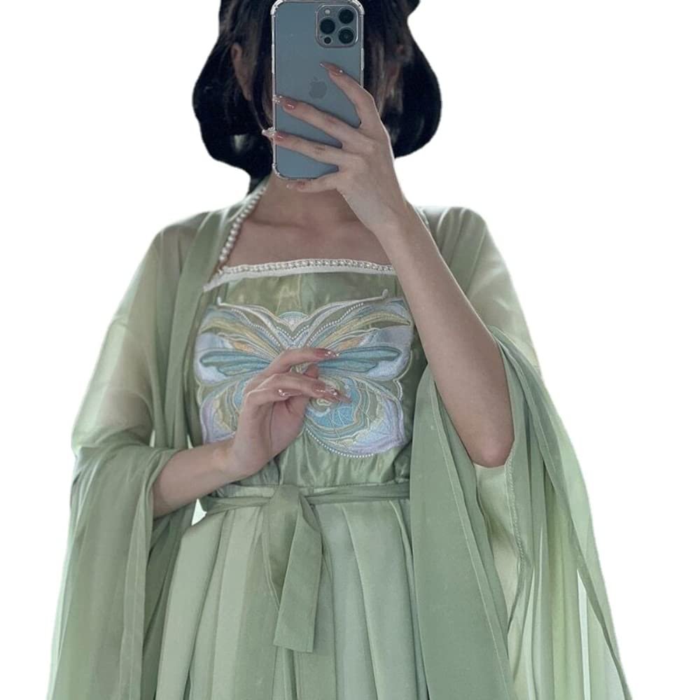 Chinese Traditional Hanfu Dress Halloween Costume Green Dress Vintage Hanfu Set (S,Small)