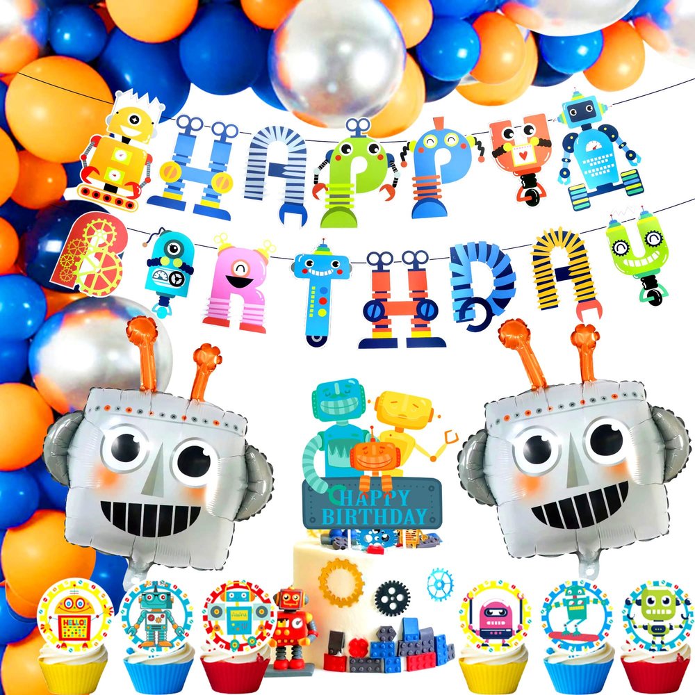83 PCS Robot Birthday Party Decoration Robot Birthday Party Supplies Favors Cake Cupcake Decoration Robot Party Decorations for Baby Shower Party Supplies