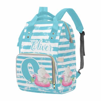 M YESCUSTOM Custom Name & Letter Diaper Bag Personalized Blue and White Stripes Mommy Bag Backpack Customized Baby Bag with Cute Animal
