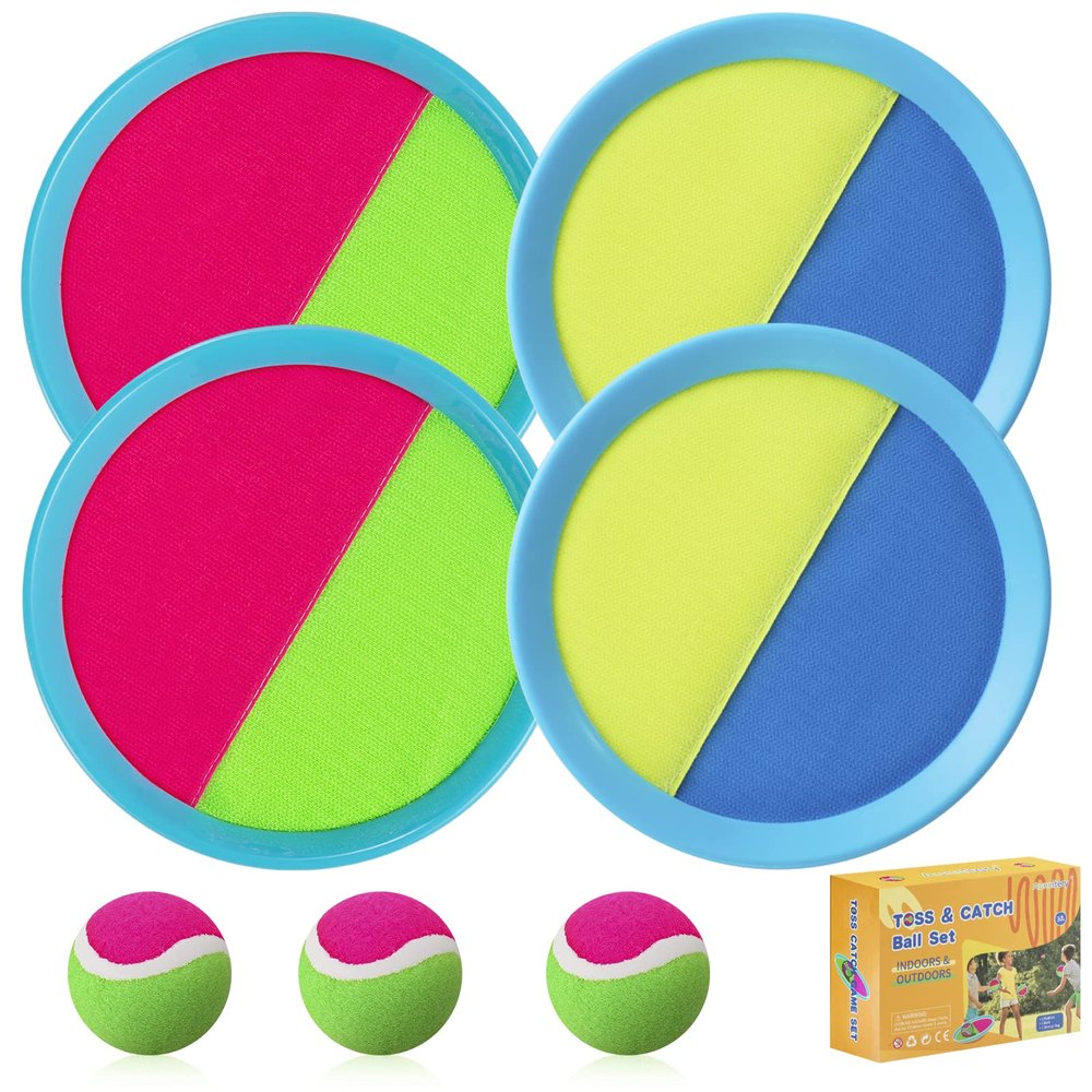 Kids Toys - Outdoor Games, Beach Toys, Toss and Ball Set with 4 Paddles and 3 Balls, Perfect Beach Games Sets Playground Sets for Backyards Easter Gifts for Kids/Adults/Family (Blue+Light Yellow)