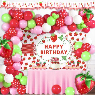 103 PCs Strawberry Party Decorations, Hombae Strawberry Decorations for Birthday Backdrop Balloon Garland Arch Happy Birthday Banner Cake Cupcake Topper Pink White Red