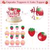 103 PCs Strawberry Party Decorations, Hombae Strawberry Decorations for Birthday Backdrop Balloon Garland Arch Happy Birthday Banner Cake Cupcake Topper Pink White Red view 4