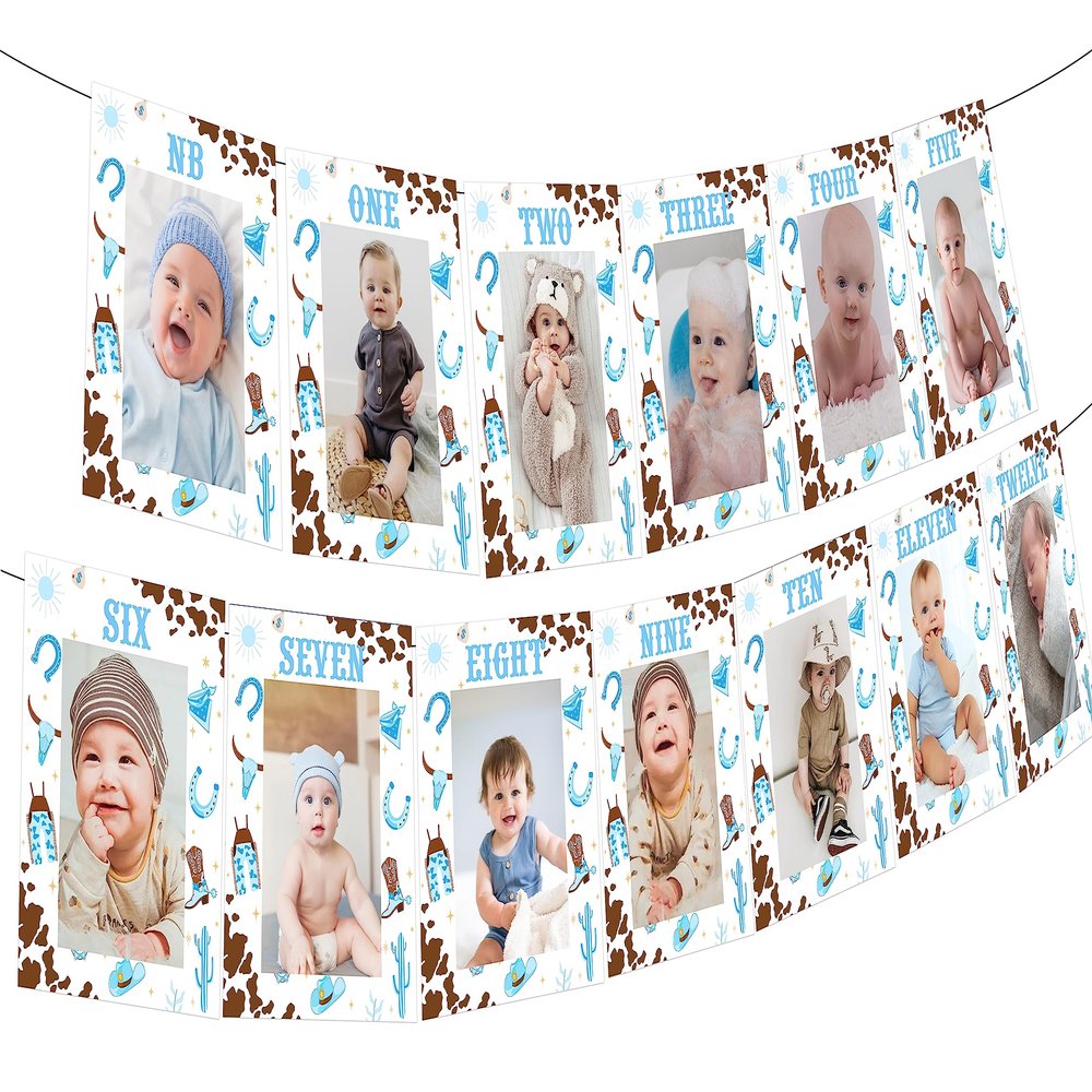 1st Birthday Monthly Photo Banner Cowboy First Rodeo Birthday Party Decorations Boy Blue Western Cowboy Monthly Photo Display My First Rodeo Newborn to 12
