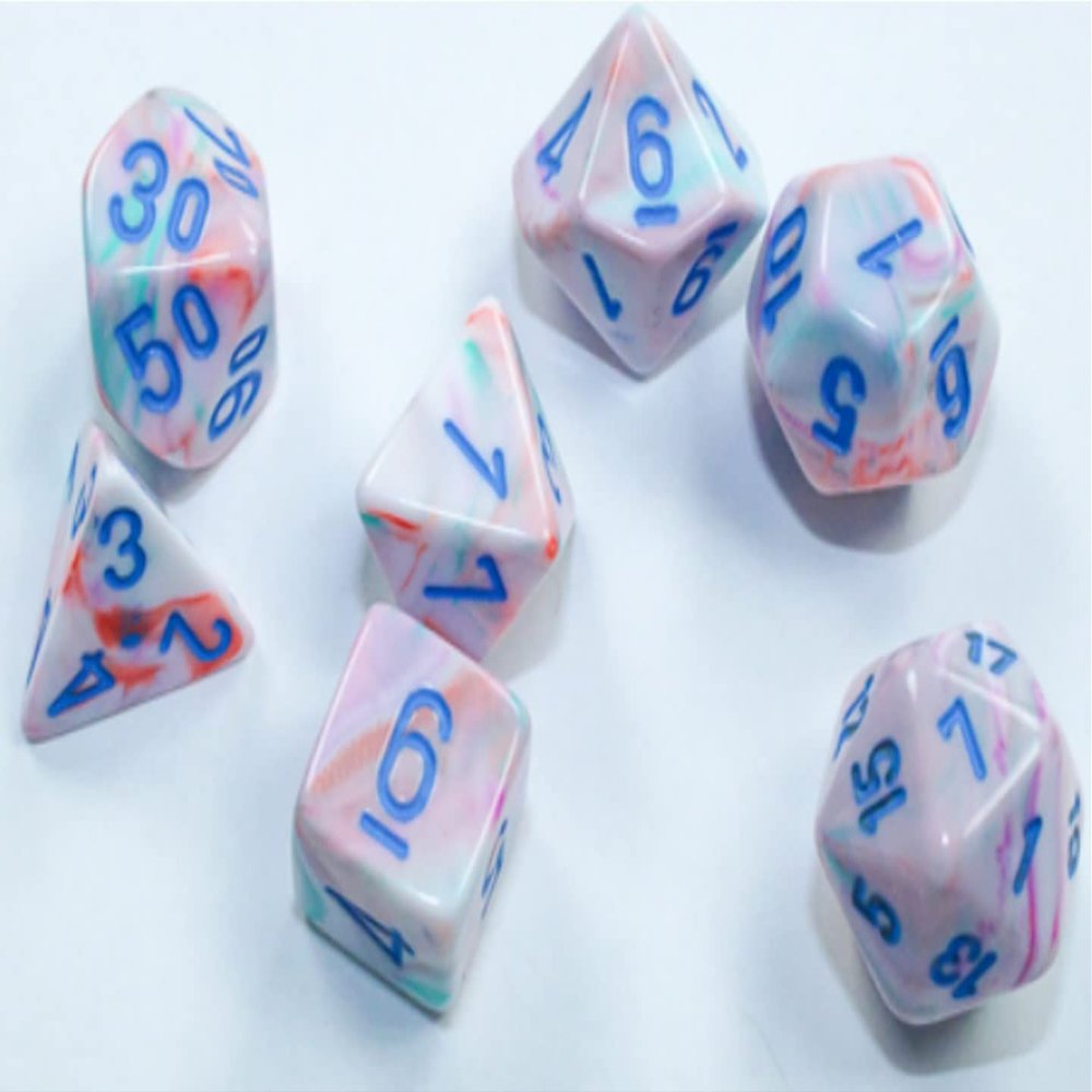 Chessex Dice Set  10mm Festive Pop Art/Blue Plastic Polyhedral Dice Set  Dungeons and Dragons D&D DND TTRPG Dice  Includes 7 Dice - D4 D6 D8 D10 D12 D20 D%