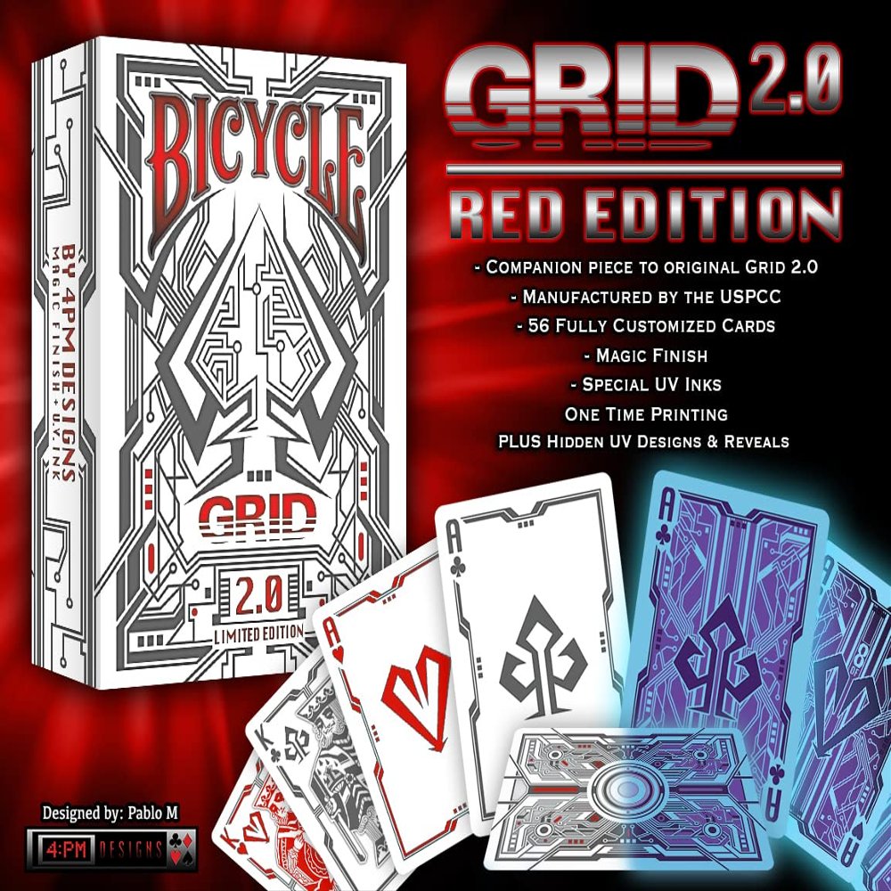 Bicycle Grid 2.0 Red Playing Cards Glows Under Ultraviolet Light Poker Size