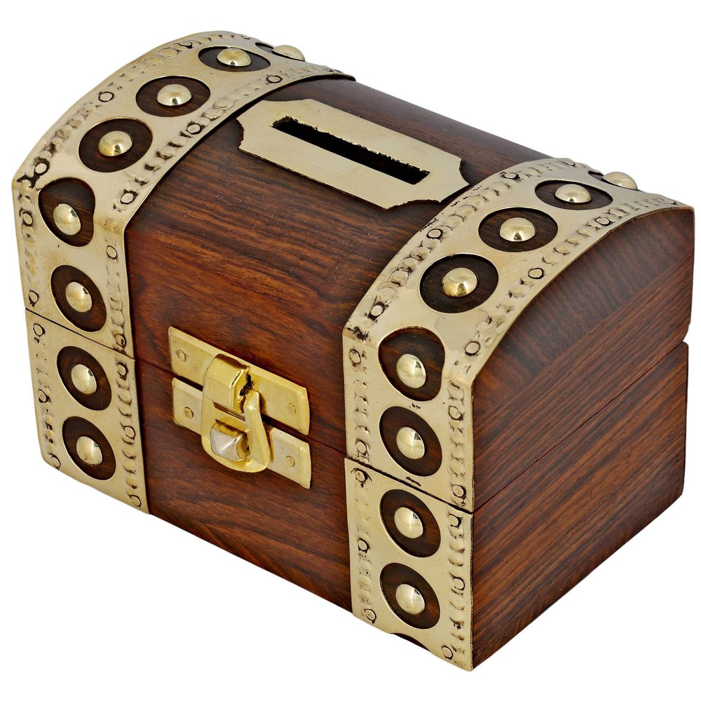 Aakrati Devyom Handcrafted Wooden Barrel Shape Piggy Bank With Brass Accents Artisan Artifact Size 7X5 Inches