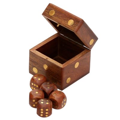 Aakrati Devyom Devyom 6.1 cm Wooden Dice Box Storage with 5 Dice Set - Square Dice Box Case/Container with Brass Inlays - Cute Dice Game Set