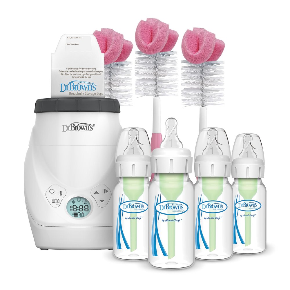 Dr. Brown's Milk Spa Breast Milk & Bottle Warmer with Anti-Colic Options+ Narrow Baby Bottles 4 oz, with Level 1 Slow Flow Nipple, 4 Pack, 0m+ and Bottle Cleaning Brush Set, Pink