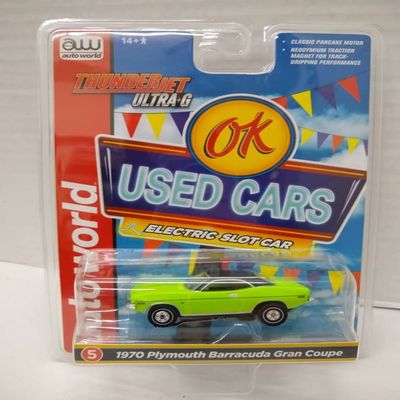 Auto World SC390-5A OK Used Cars 1970 Barracuda Gran Coupe HO Scale Electric Slot Car - Green
