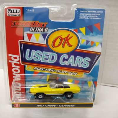 Auto World SC390-3A OK Used Cars 1967 Corvette HO Scale Electric Slot Car - Yellow