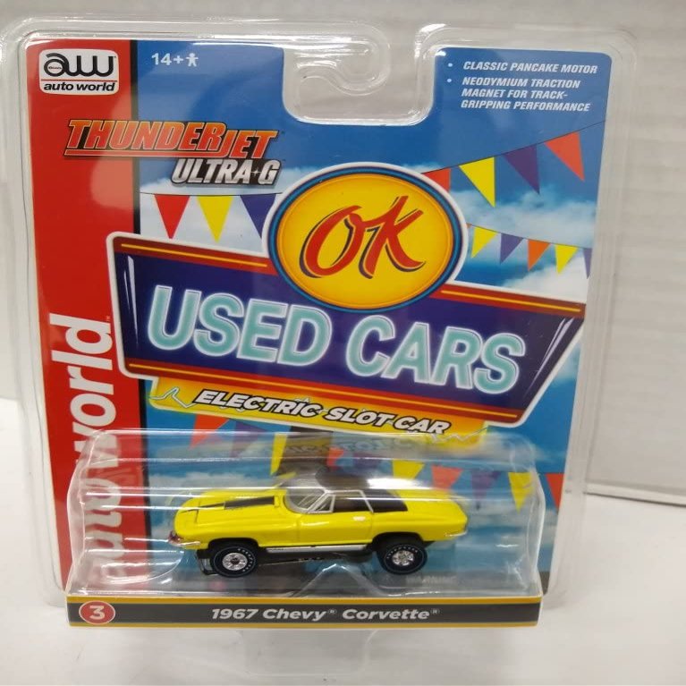 Auto World SC390-3A OK Used Cars 1967 Corvette HO Scale Electric Slot Car - Yellow