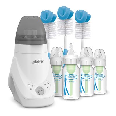 Dr. Browns Deluxe Baby Bottle Warmer and Sterilizer For Bottles and Baby Food Jars with Anti-Colic Options+ Baby Bottles 4 oz Level 1 Slow Flow Nipple, 4 Pack, 0m+ and Bottle Cleaning Brush Set, Blue