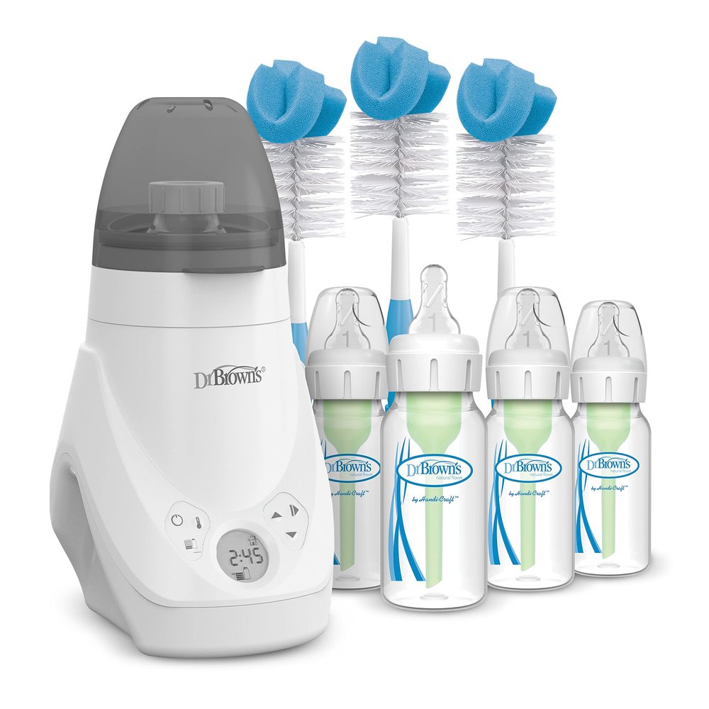 Dr. Browns Deluxe Baby Bottle Warmer and Sterilizer For Bottles and Baby Food Jars with Anti-Colic Options+ Baby Bottles 4 oz Level 1 Slow Flow Nipple, 4 Pack, 0m+ and Bottle Cleaning Brush Set, Blue