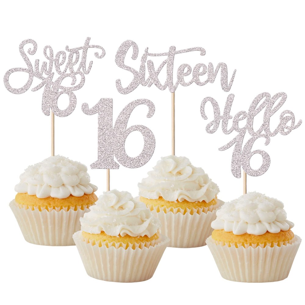 24 Pack 16th Birthday Cupcake Toppers Glitter Sweet 16 Sixteen Years Old Hello 16 Cupcake Picks for Wedding Anniversary Party Cake Decorations Supplies Silver
