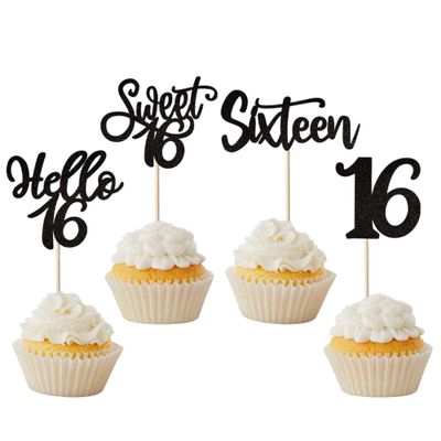 24 Pack Sixteen Years Birthday Cupcake Toppers Glitter Hello 16 Sweet 16 Theme Cupcake Picks for Birthday Wedding Engagement Anniversary Party Cake Decorations Supplies Black