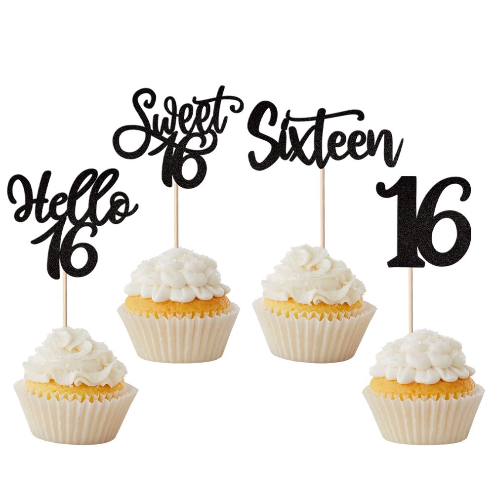 24 Pack Sixteen Years Birthday Cupcake Toppers Glitter Hello 16 Sweet 16 Theme Cupcake Picks for Birthday Wedding Engagement Anniversary Party Cake Decorations Supplies Black