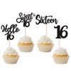 24 Pack Sixteen Years Birthday Cupcake Toppers Glitter Hello 16 Sweet 16 Theme Cupcake Picks for Birthday Wedding Engagement Anniversary Party Cake Decorations Supplies Black view 1