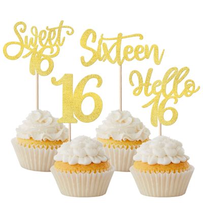 24 Pack 16th Birthday Cupcake Toppers Glitter Hello 16 Sweet 16 Sixteen Years Old Cupcake Picks for Birthday Wedding Anniversary Party Cake Decorations Supplies Gold