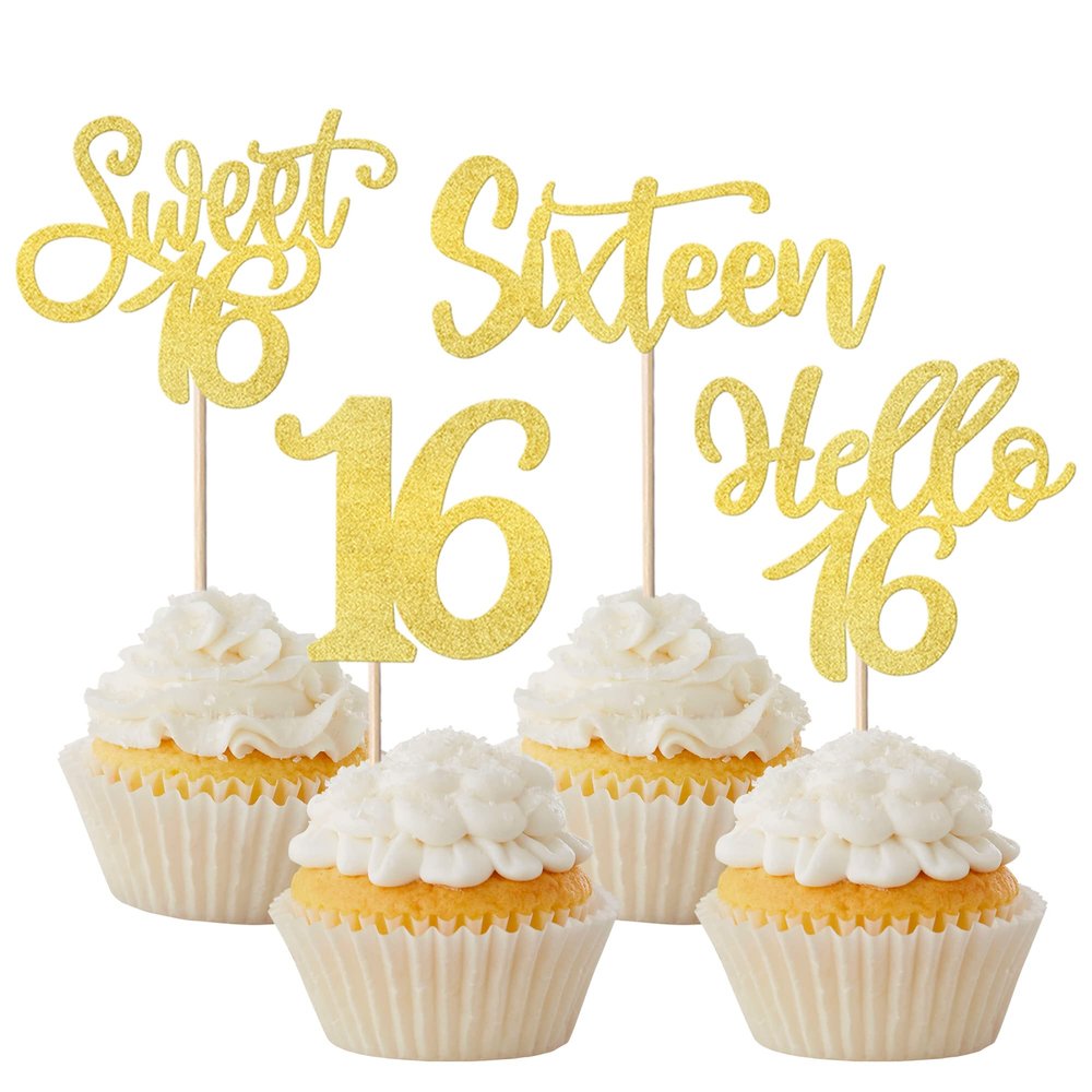 24 Pack 16th Birthday Cupcake Toppers Glitter Hello 16 Sweet 16 Sixteen Years Old Cupcake Picks for Birthday Wedding Anniversary Party Cake Decorations Supplies Gold