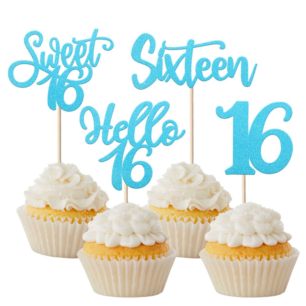 24 Pack Sixteenth Birthday Cupcake Toppers Glitter 16 Years Old Hello 16 Sweet 16 Cupcake Picks for Birthday Wedding Anniversary Party Cake Decorations Supplies Blue