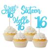 24 Pack Sixteenth Birthday Cupcake Toppers Glitter 16 Years Old Hello 16 Sweet 16 Cupcake Picks for Birthday Wedding Anniversary Party Cake Decorations Supplies Blue view 1