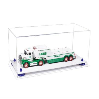 Better Display Cases Clear Acrylic Versatile Trucks, Trains and Rockets Display Case - Large Rectangle Box with Clear Case, Dark Blue Risers and White Base 19.25" x 8.25" x 8" (A103/V47)