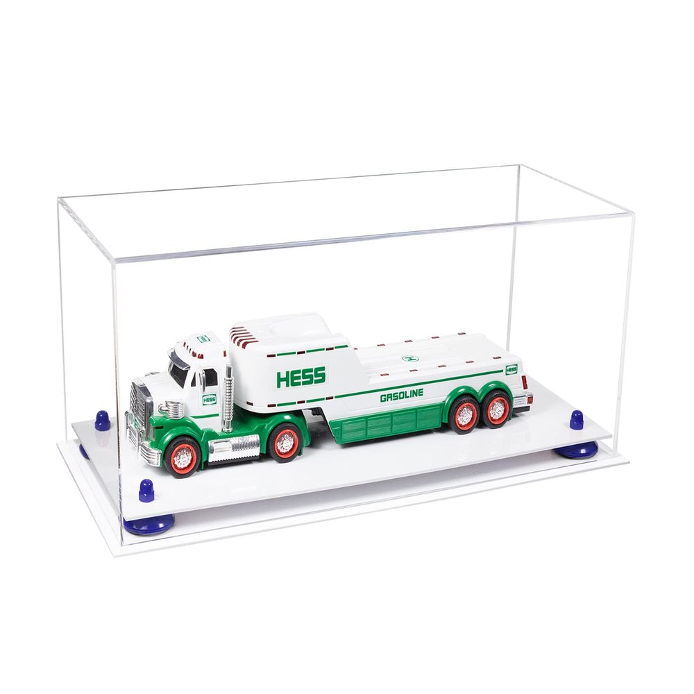 Better Display Cases Clear Acrylic Versatile Trucks, Trains and Rockets Display Case - Large Rectangle Box with Clear Case, Dark Blue Risers and White Base 19.25" x 8.25" x 8" (A103/V47)